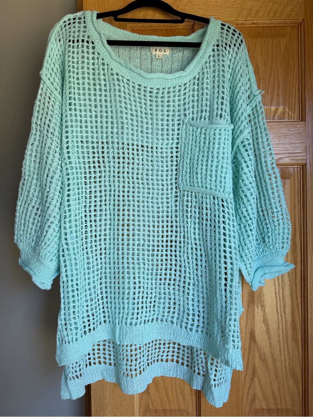 POL Mint Green Open Knit Crochet Sweater Pocket Hi-Low Size Large NWOT